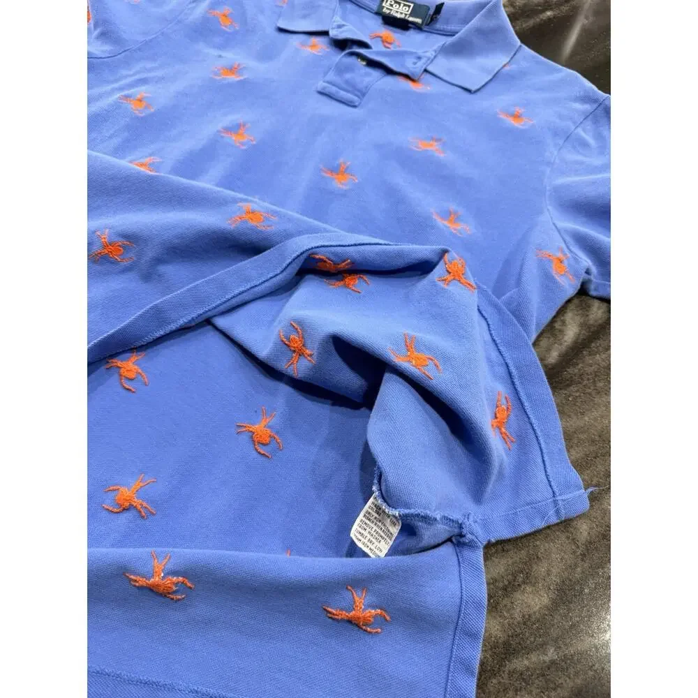 Polo Ralph Lauren Spider Print Polo Shirt XL Blue Orange Embroidered Halloween
